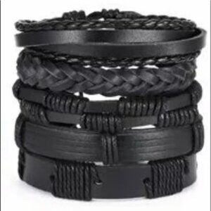 Men’s Black Genuine Leather Braided Bracelet Set